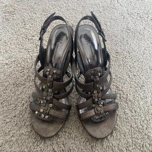 INC Pewter Strappy Sandals with Silver Embellishments – Wooden Heels – Sz 6